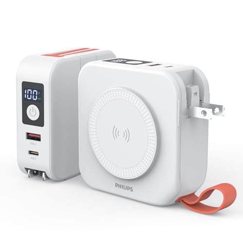 10000mAh MagSafe マグネット式 モバイルバッテリー コンセント一体型 大容量 ACプラグ付 5台同時充電 MAX 22.5W出力 USB-A＆入出力USB-C PD/パススルー機能/ディスプレイ搭載】Lightning/Type-Cケーブル内蔵 旅行用電源変換プラグ PSE認証済 ホワイト DLP4347CW