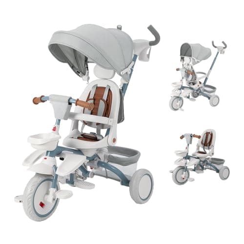子供三輪車 ベビーカー 5in1 折りたたみ 舵取り機能 乗用玩具 超軽量 乗り物 組み立て簡単 1～5歳 出産祝い ブルー