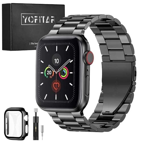 for Apple Watch バンド 保護ケース付き ステンレス製 アップルウォッチ 交換ベルト Apple Watch Ultra 2/Ultra/10/9/8/7/SE2/6/SE/5/4/3/2/1対応 iWatch バンド Apple Watchアクセサリ 長さ調整器具付き（44mm，ブラック）