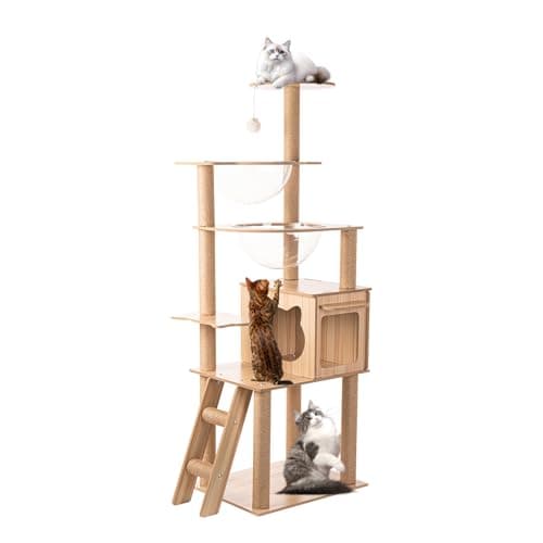 キャットタワー 木製 スリム 高さ約140cm 宇宙船 据え置き 猫タワー 木目調 おしゃれ 多頭飼い対応 猫ハウス 猫のおもちゃ 展望台 爪研ぎポール ステップ 階段付き シニア猫 太った猫 短足猫 子猫 登りやすい 省スペース 高い安定性 運動不足解消