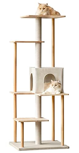 キャットタワー 木製 木目調キャットタワー 新素材 毛抜け無し 組立簡単 大型猫 多頭飼い シンプル おしゃれ 耐久性が強い インテリア 部屋 クッション付 158cm MWPO-WS7000A-MAX