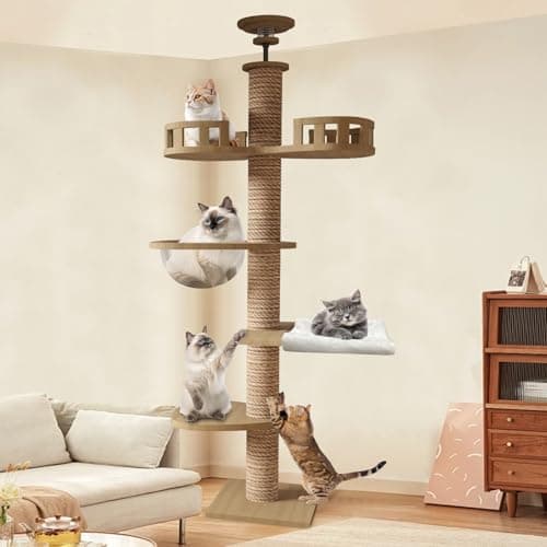 キャットタワー 突っ張り 木製 キャットツリー 木登りタワー 多層無垢材 太い支柱 スリム 宇宙船 ハンモック 多頭飼い 大型猫用 猫タワー 人気 おしゃれ 爪とぎ つめとぎ 猫 かわいい ねこ キャットウォーク 安定性良い 高さ調整幅235~260cm