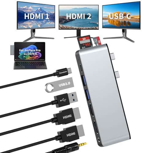 Surface Pro 11/10/9/X USB ハブ 、4 画面対応 (2* HDMI+USB-C Thunderbolt 4)+ サーフェス、デュアル4K@60Hz HDMI、USB-C Thunderbolt 4(8Kビデオ+データ+100W充電)、USB 3.0×2、SD/TF、3.5mmマイク搭載 サーフェスプロ11/10/9/X用 ドッキングステーション・拡張アダプタ