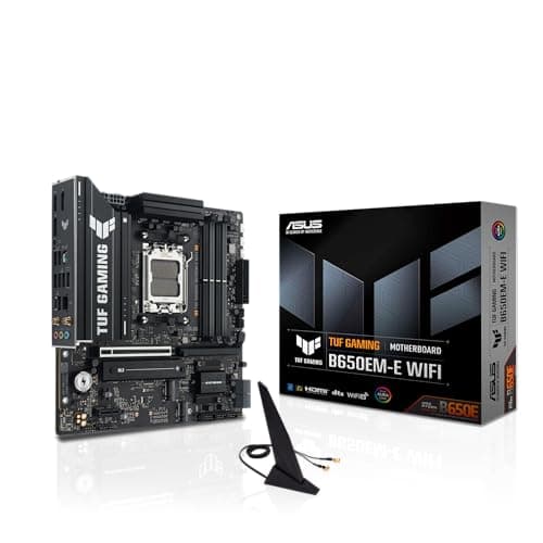 ASUS TUF Gaming B650EM-E WiFi AMD mATX マザーボード、8+2+1 80A DrMOS パワーステージ、DDR5、PCIe 5.0、3つのM.2スロット、WiFi 6、2.5Gbイーサネット、DisplayPort、HDMI、背面USB-C 10Gbps、フロントUSB-C 5Gbps。