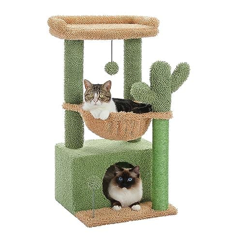 キャットタワー ミニ 猫タワー サボテン 小型 低め 据え置き 人気 コンパクト 省スペース 麻紐爪とぎ ハンモック おしゃれ インテリア シンプル かわいい おもちゃ付き - 高さ80cm グリーン AMT0211GN