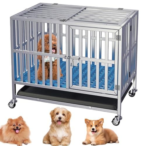 小型犬 ケージ 室内 ステンレス鋼製犬用ケージ キャスター付き 耐荷重250KG 折りたたみ 組立簡単 ダブルドア/トレー/マット/給餌器付き 柴犬、獅子犬、フレンチブルドッグなどの小型犬に適しています 室内/室外 脱走防止 長さ79×幅52×高さ65cm(Sコード)